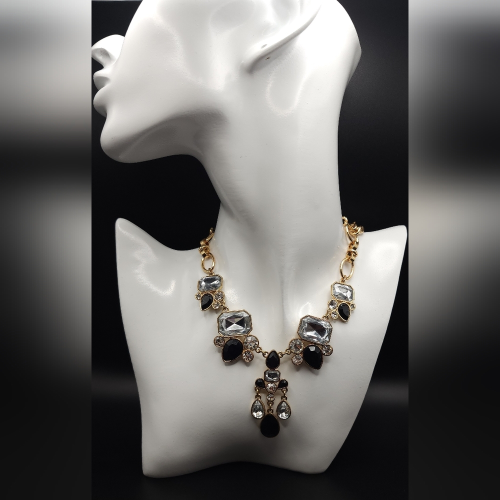 Black And Crystal Gen Stone Statement Necklace - image 1